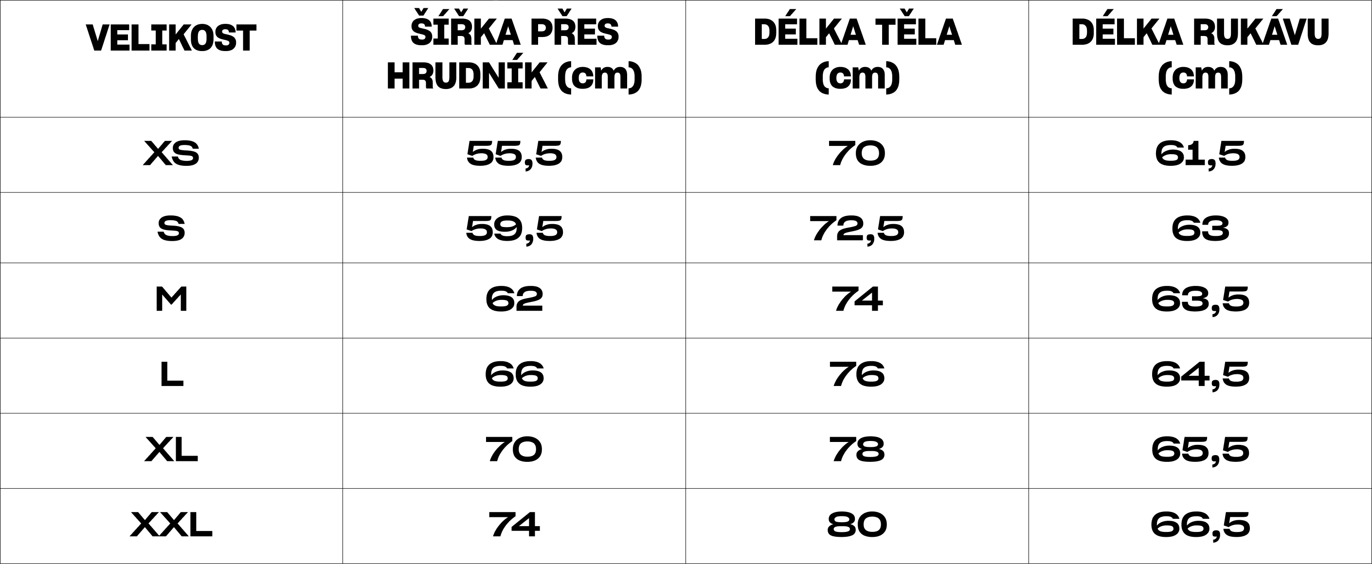 Tabulka velikosti Worker
